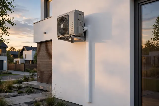 Unidad exterior en muro con soporte y canaleta blanca vertical